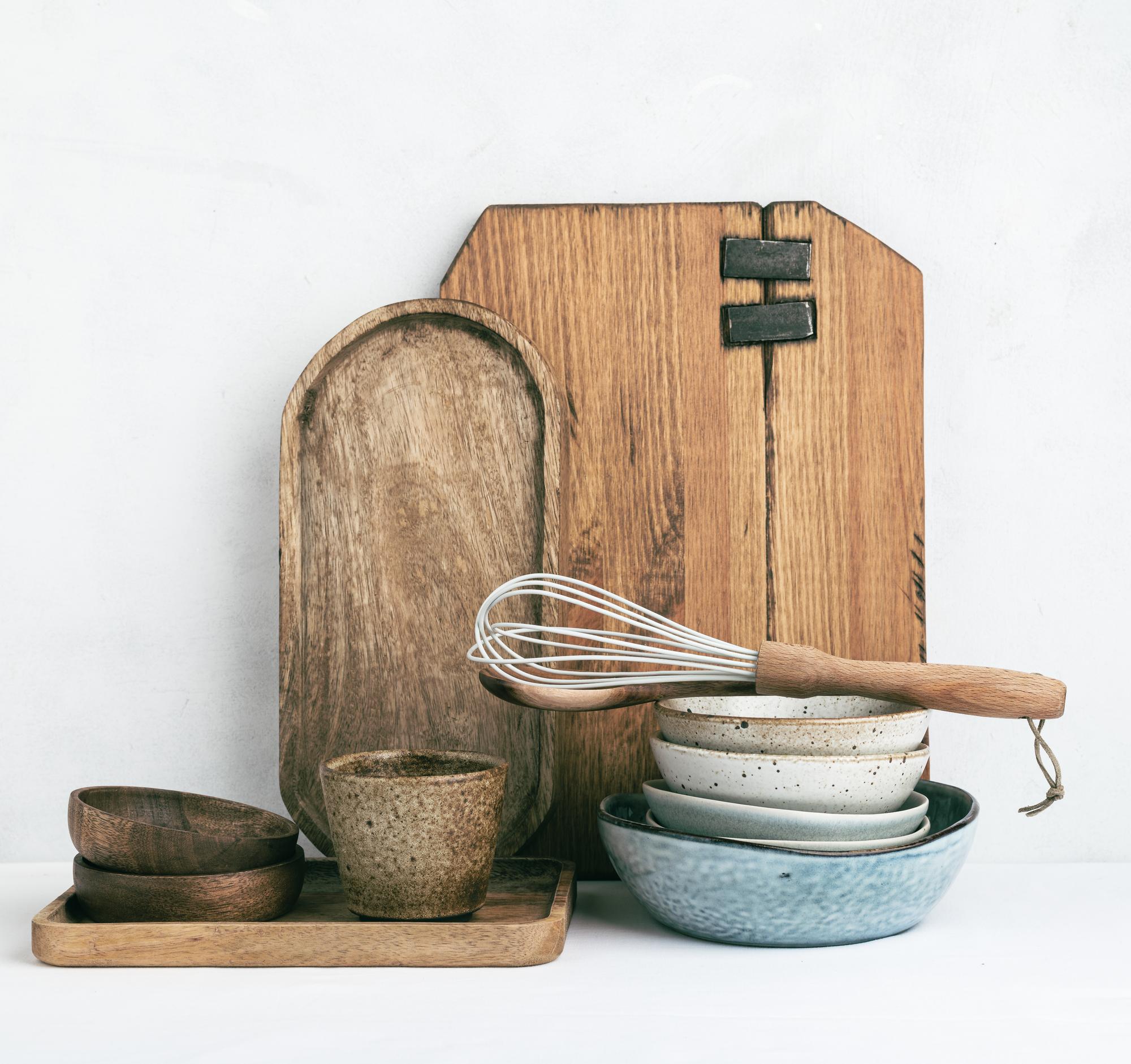 Interior of a warm teaching kitchen with wooden table