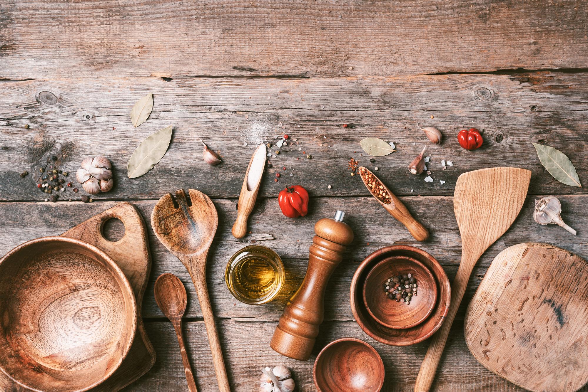 Set of cooking tools and ingredients on a table